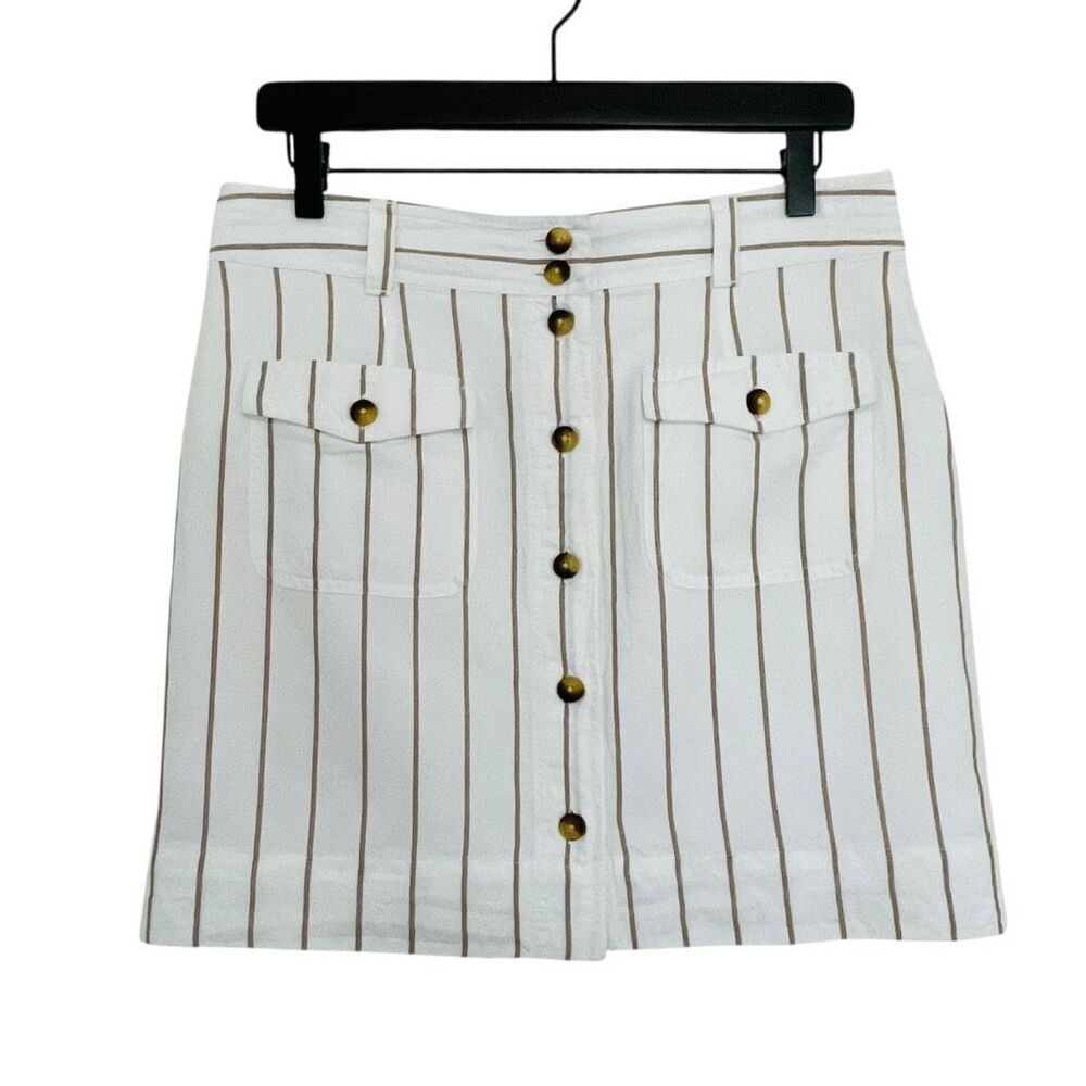 Vineyard Vines Stripe Linen Cotton Blend Button Down Above Knee Skirt White and